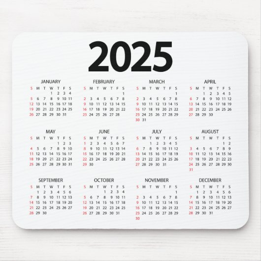 Tapis De Souris Calendrier Arrière - plan blanc Super Simple 2025 (Devant)