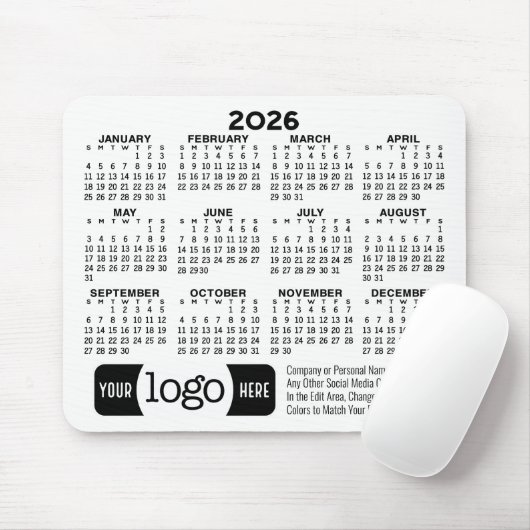 Tapis De Souris Calendrier avec logo, Coordonnées Blanc (Avec souris)