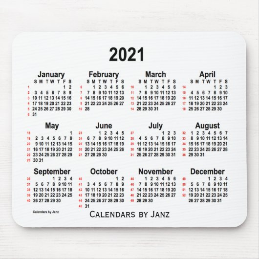 Tapis De Souris Calendrier blanc de 52 semaines 2021 par Janz (Devant)