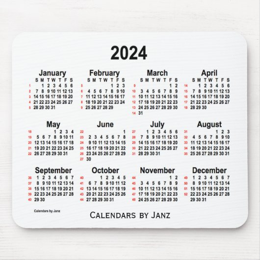 Tapis De Souris Calendrier blanc de 52 semaines 2024 par Janz (Devant)