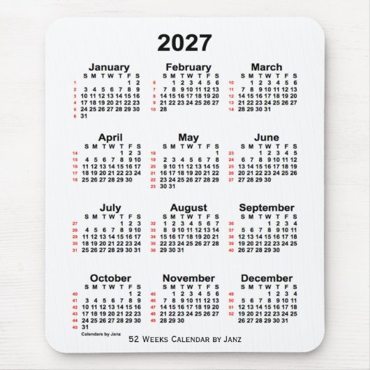 Tapis De Souris Calendrier blanc de 52 semaines 2027 par Janz (Devant)