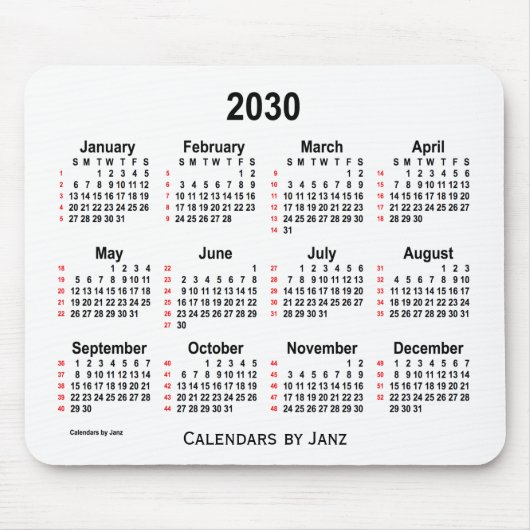 Tapis De Souris Calendrier blanc de 52 semaines 2030 par Janz Mous (Devant)