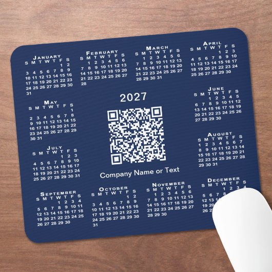 Tapis De Souris Calendrier d'affaires simple 2027 Code QR Bleu mar