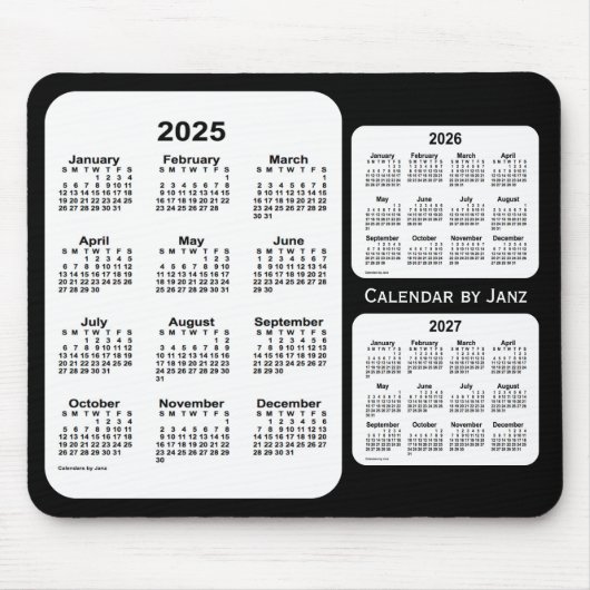 Tapis De Souris Calendrier de 3 ans noir et blanc 2025-2027 par Ja (Devant)