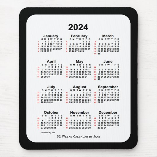 Tapis De Souris Calendrier de 52 semaines 2024 avec deux tons noir (Devant)