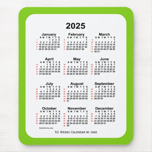 Tapis De Souris Calendrier de 52 semaines 2025 Jaune Vert par Janz (Devant)