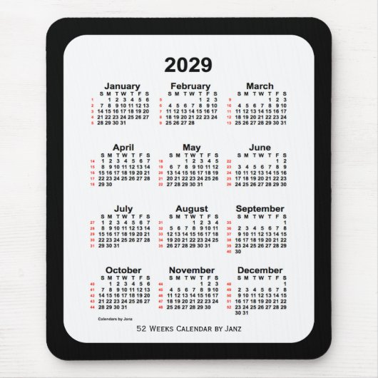 Tapis De Souris Calendrier de 52 semaines 2029 avec deux tons noir (Devant)