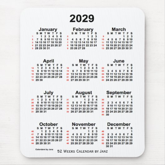 Tapis De Souris Calendrier de 52 semaines 2029 blanc par Janz (Devant)