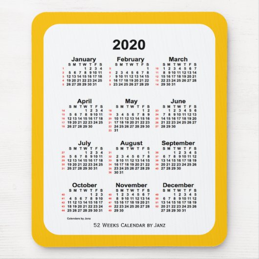 Tapis De Souris Calendrier de 52 semaines Gold Two Tone 2020 par J (Devant)