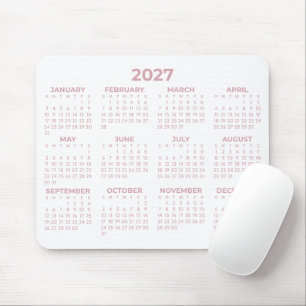 Tapis De Souris Calendrier de l'année complète 2027 Rose Pâle Blan