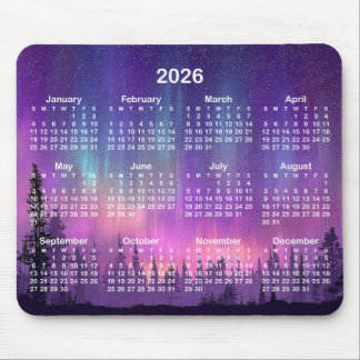 Tapis De Souris Calendrier des aurores boréales roses et violettes