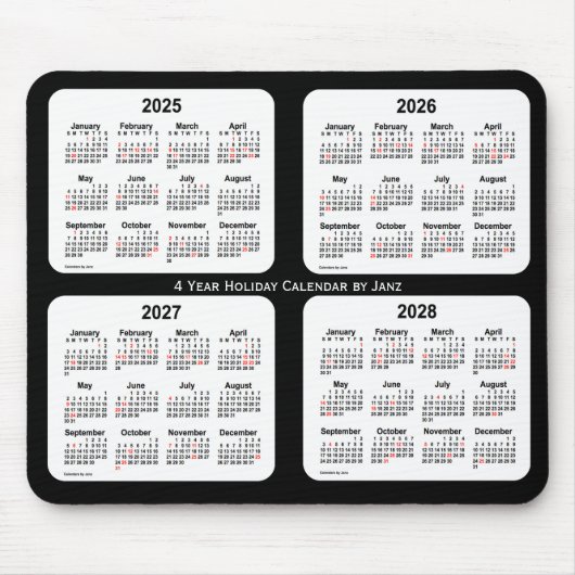 Tapis De Souris Calendrier des fêtes noires et blanches 2025-2028  (Devant)