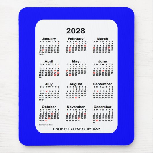 Tapis De Souris Calendrier des vacances 2028 bleu deux tons par Ja (Devant)