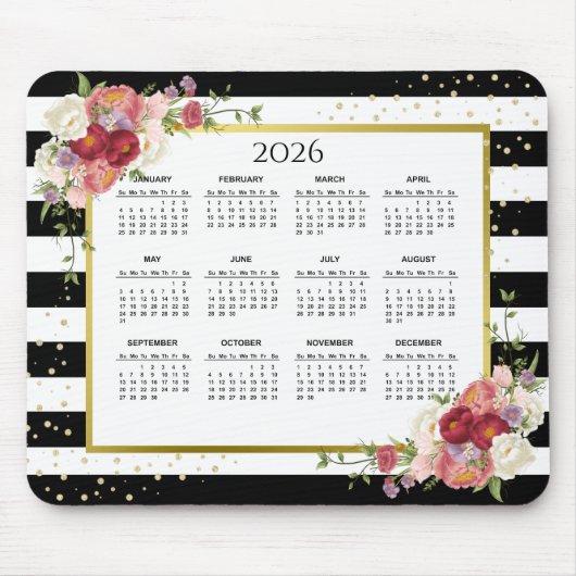 Tapis De Souris Calendrier Floral Or Blanc Noir 2023 (Devant)