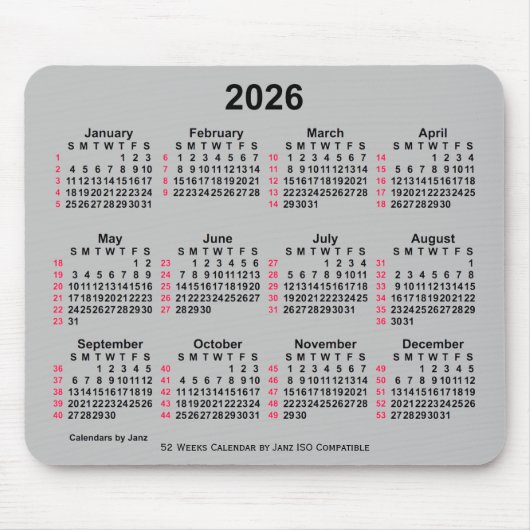 Tapis De Souris Calendrier ISO 2026 Silver 52 semaines par Janz (Devant)