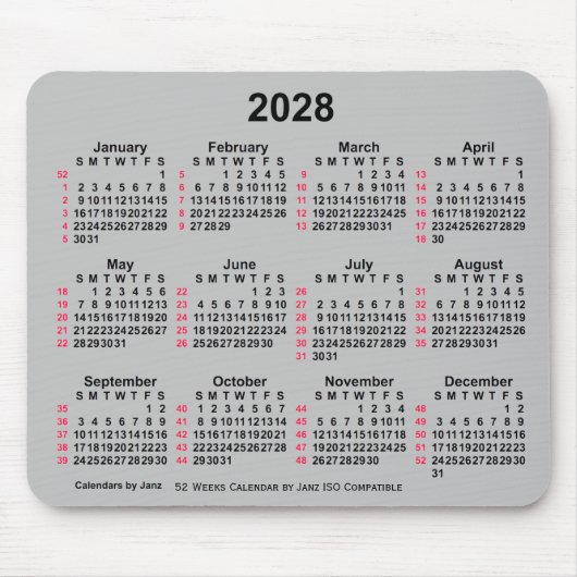 Tapis De Souris Calendrier ISO 2028 Silver 52 semaines par Janz (Devant)