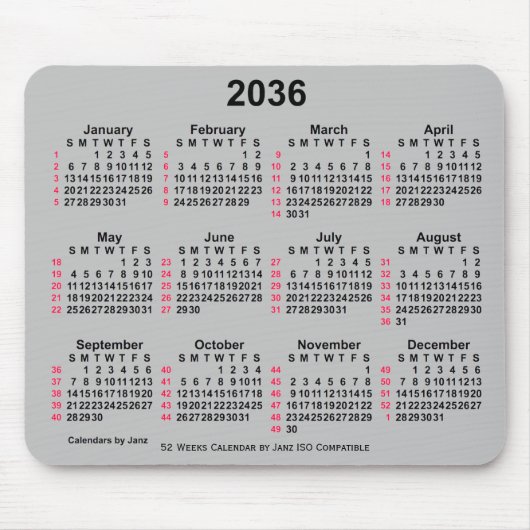 Tapis De Souris Calendrier ISO 2036 Silver 52 semaines par Janz (Devant)
