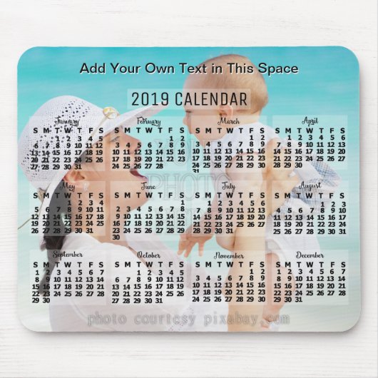 Tapis De Souris Calendrier mensuel 2019 Année Noir Ajouter un text (Devant)
