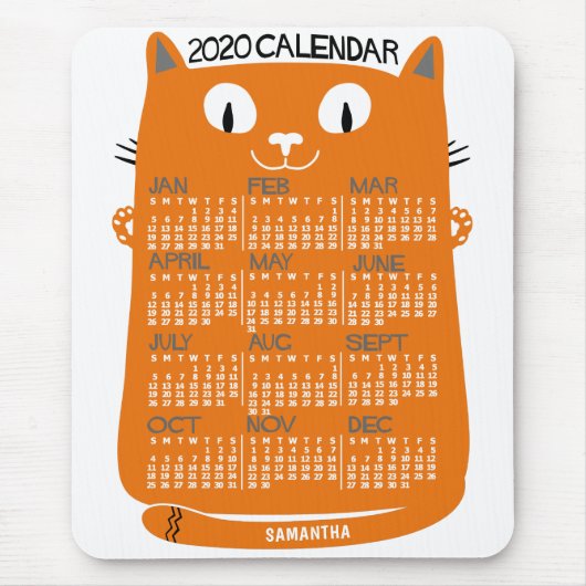 Tapis De Souris Calendrier mensuel 2020 Mi-Siècle Orange Chat (Devant)
