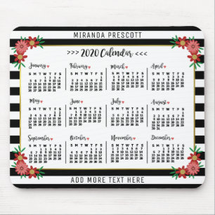 Tapis De Souris Calendrier mensuel 2020   Préppy Floral Stripes