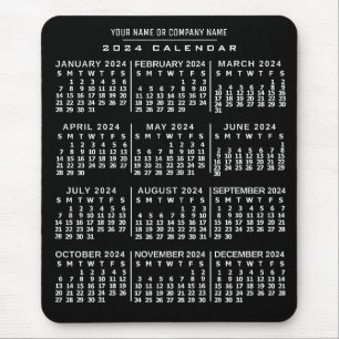 Tapis De Souris Calendrier mensuel 2024 Année Noir Blanc Nom perso
