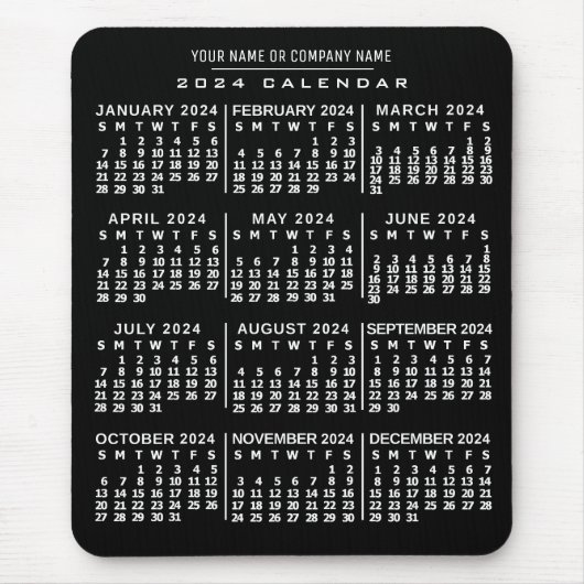 Tapis De Souris Calendrier mensuel 2024 Année Noir Blanc Nom perso (Devant)
