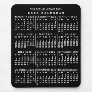 Tapis De Souris Calendrier mensuel 2025 Année Noir Blanc Nom perso