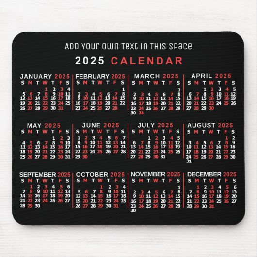 Tapis De Souris Calendrier mensuel 2025 Année Personnalisé Noir Ro (Devant)