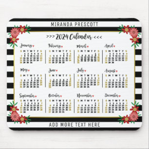 Tapis De Souris Calendrier mensuel de 2024   Préppy Floral Stripes