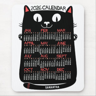Tapis De Souris Calendrier mensuel de l'année 2026 Chat noir milie