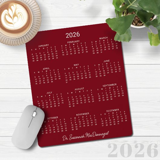 Tapis De Souris Calendrier minimaliste rouge Bourgogne 2026