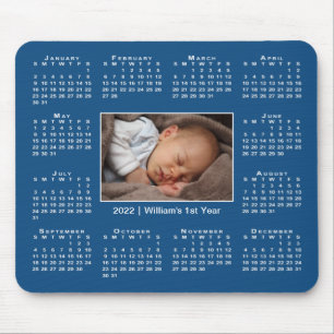 Tapis De Souris Calendrier moderne 2022 Votre nom photo sur Blue