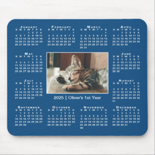 Tapis De Souris Calendrier moderne 2025 Votre nom photo en bleu