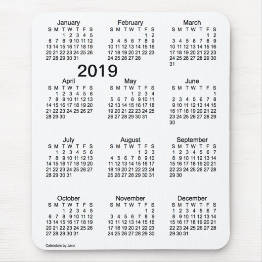 Tapis De Souris Calendrier noir et blanc des gros caractères 2019 (Devant)