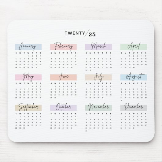TAPIS DE SOURIS CALENDRIER PASTEL 2025 SCRIPT ÉCRIT À LA MAIN (Devant)