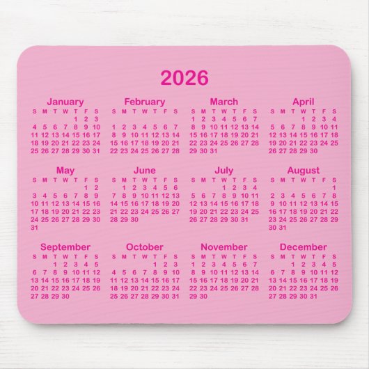 Tapis De Souris Calendrier Rose Clair et Chaud 2026 (Devant)
