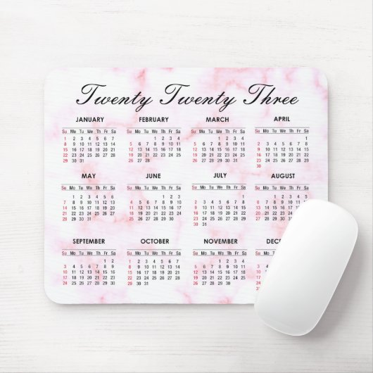 Tapis De Souris Calendrier rose et Marbre blanc 2023 (Avec souris)