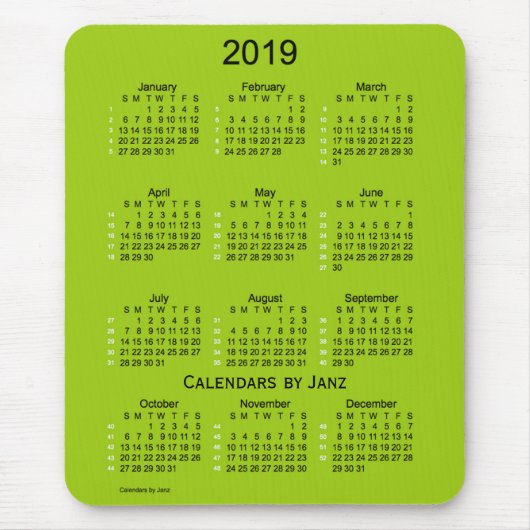 Tapis De Souris Calendrier vert jaunâtre de 52 semaines 2019 par (Devant)