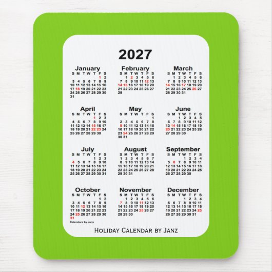 Tapis De Souris Calendrier vert Jaune de Fêtes 2027 par Janz (Devant)