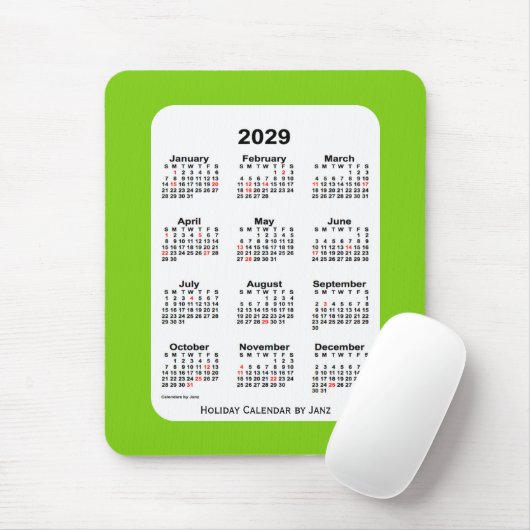 Tapis De Souris Calendrier vert Jaune de Fêtes 2029 par Janz (Avec souris)