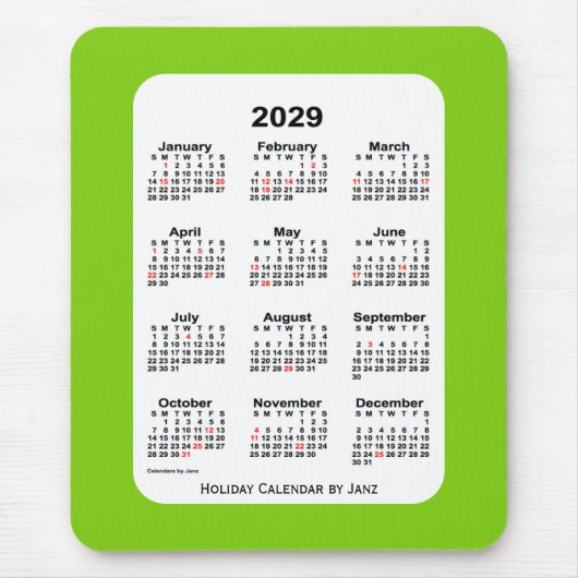 Tapis De Souris Calendrier vert Jaune de Fêtes 2029 par Janz (Devant)