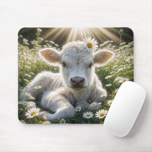 Tapis De Souris Calf Blanc Dans Le pré De Daisy (Avec souris)