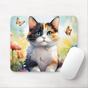Tapis De Souris Calico Cat dans le jardin de printemps avec papill