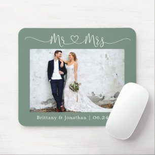Tapis De Souris Calligraphie Coeur M. Mme Mariage Sage Green