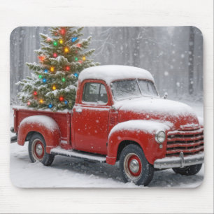 Tapis De Souris Camionnette Rouge Rétro Avec Sapin de Noël