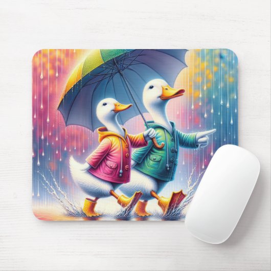 Tapis De Souris Canards Blancs Marchant Dans La Pluie (Avec souris)