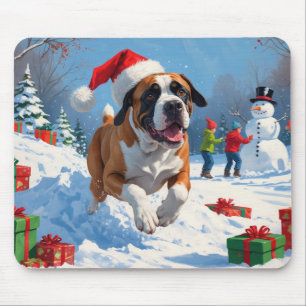 Tapis De Souris Cane Corso courant dans la neige avec un chapeau d