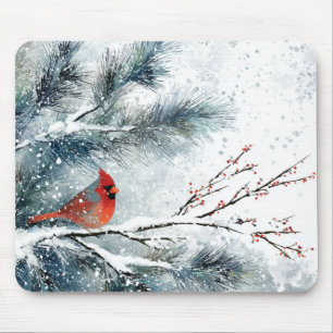 Tapis De Souris Cardinal rouge sur branche de pin enneigée