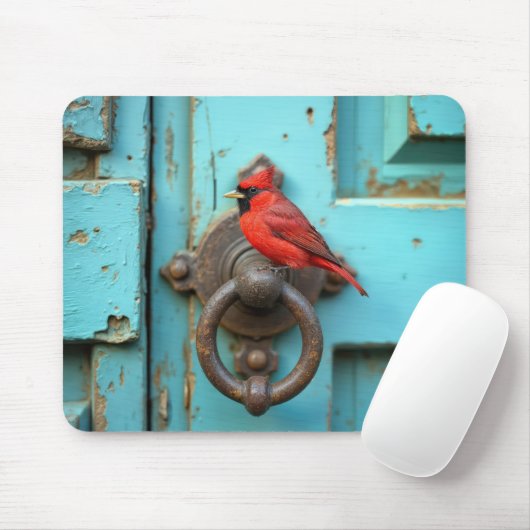 Tapis De Souris Cardinal rouge sur un marteau de porte rouillé (Avec souris)