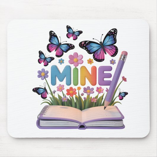 Tapis De Souris carnet "MINE" Papillon & Fleurs (Devant)